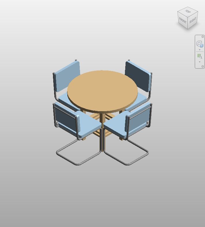 Familia Revit Comedor Redondo Roble y Sillas Azules | Boracity