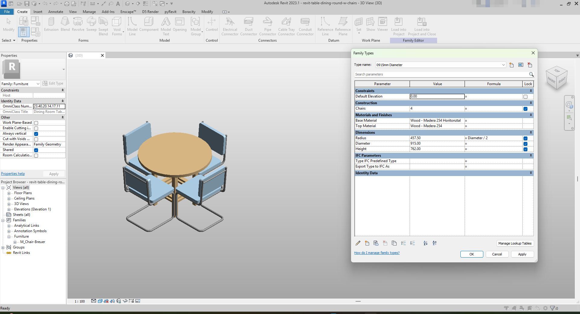 Familia Revit Comedor Redondo Roble y Sillas Azules | Boracity