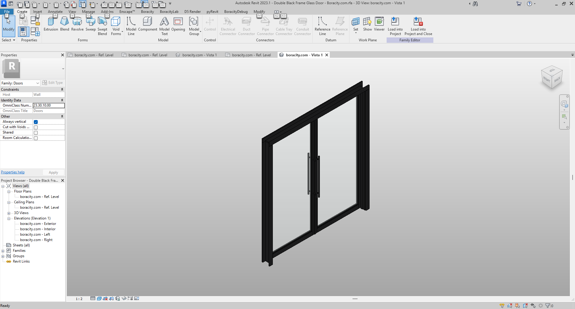 70s Frame Texture Double Black Frame Glass Door Revit Family 72x80 in | Boracity