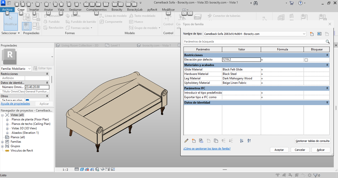 Camelback Sofa Revit Family - BIM Model | Boracity