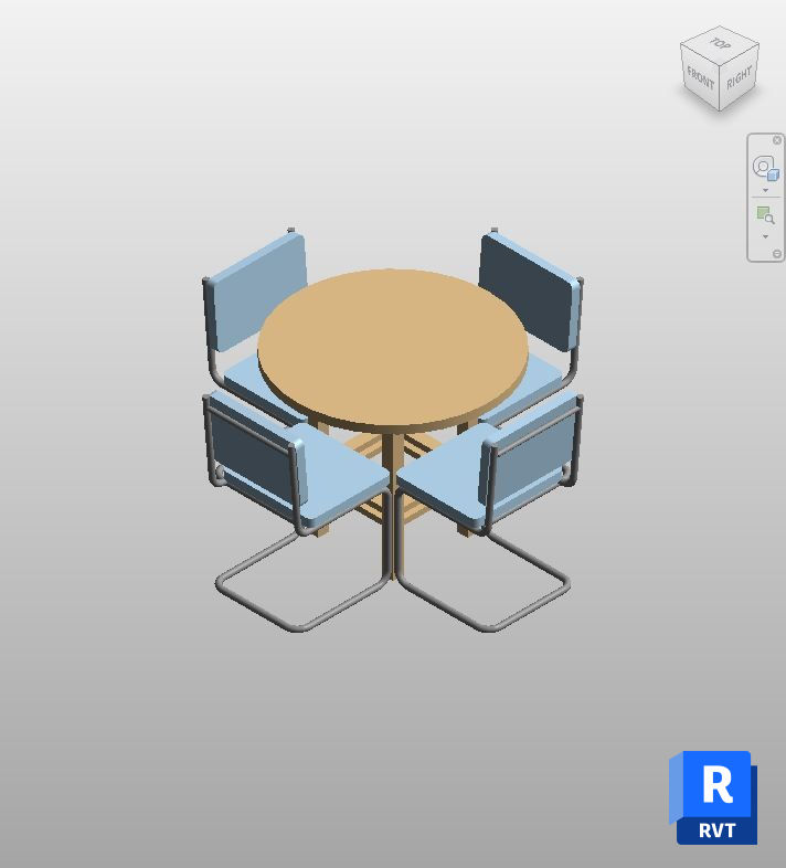 Familia Revit Comedor Redondo Roble y Sillas Azules | Boracity